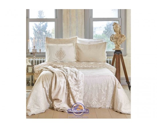 Набор постельного белья с покрывалом + плед Karaca Home - Desire bej 2020-1 бежевый евро
