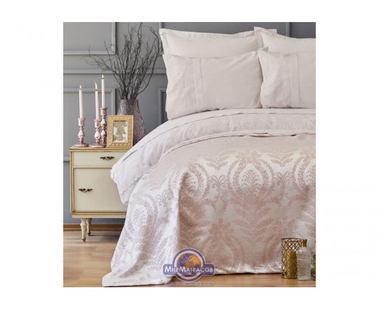 Набор постельного белья с покрывалом пике Karaca Home - Carla pudra 2019-2 пудра евро