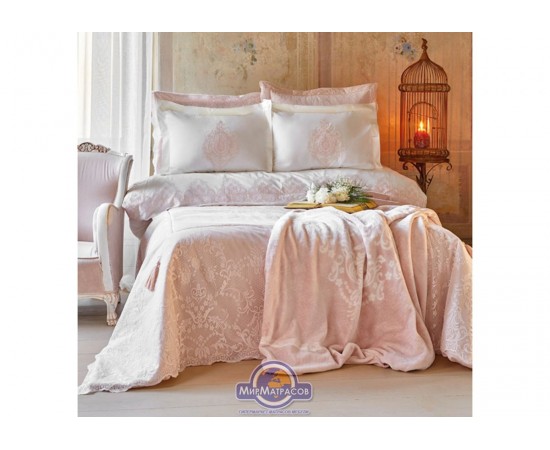 Набор постельного белья с покрывалом + плед Karaca Home - Desire pudra 2020-1 пудра евро